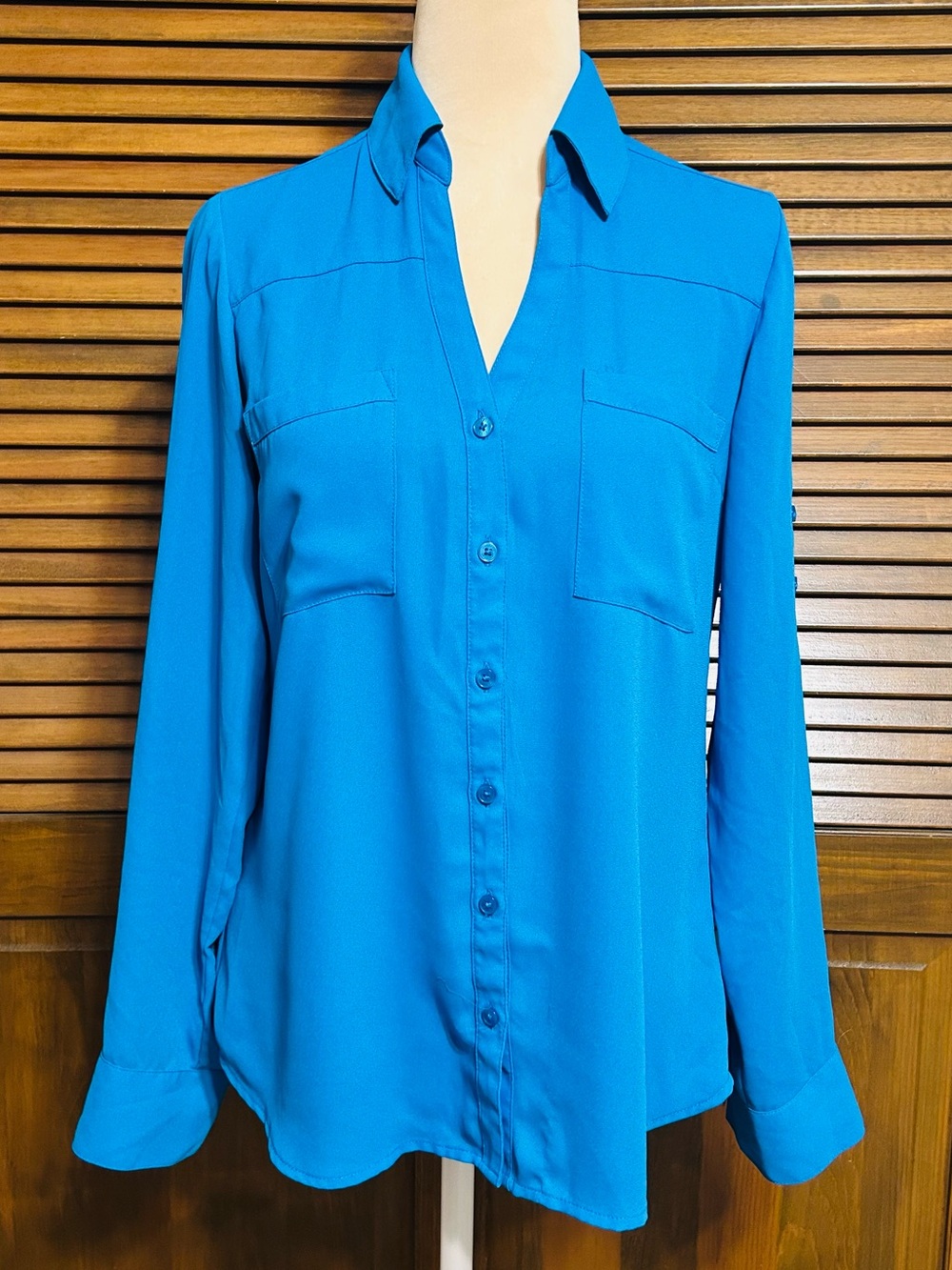 Express Portofino Vivid Blue Button-Down Roll-up Tab Sleeve Blouse Size S